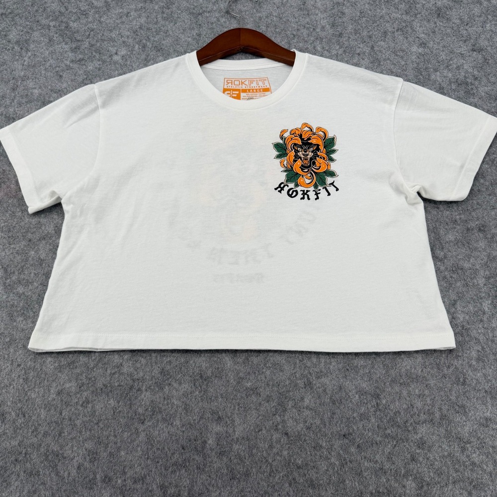 Rokfit Athletic Streetwear White Crop Top Panther Chrysanthemum Graphic Large